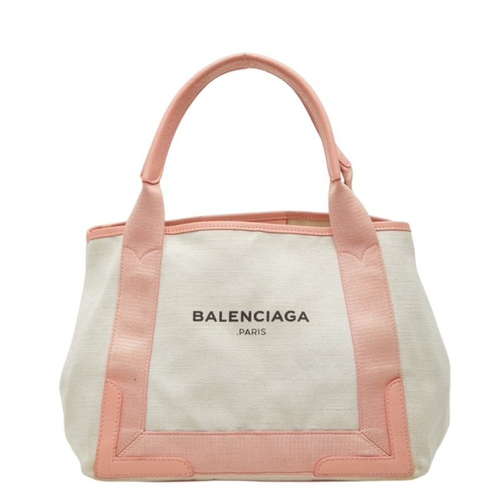 Balenciaga Navy Cabas S Handbag Tote Bag 339933 Pink Ivory Leather Canvas Wom...